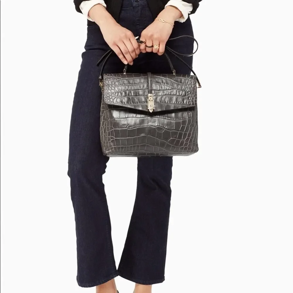 Kate Spade Gray Croc Embossed Leather Satchel Bag Quiet Luxury Chic Capsule